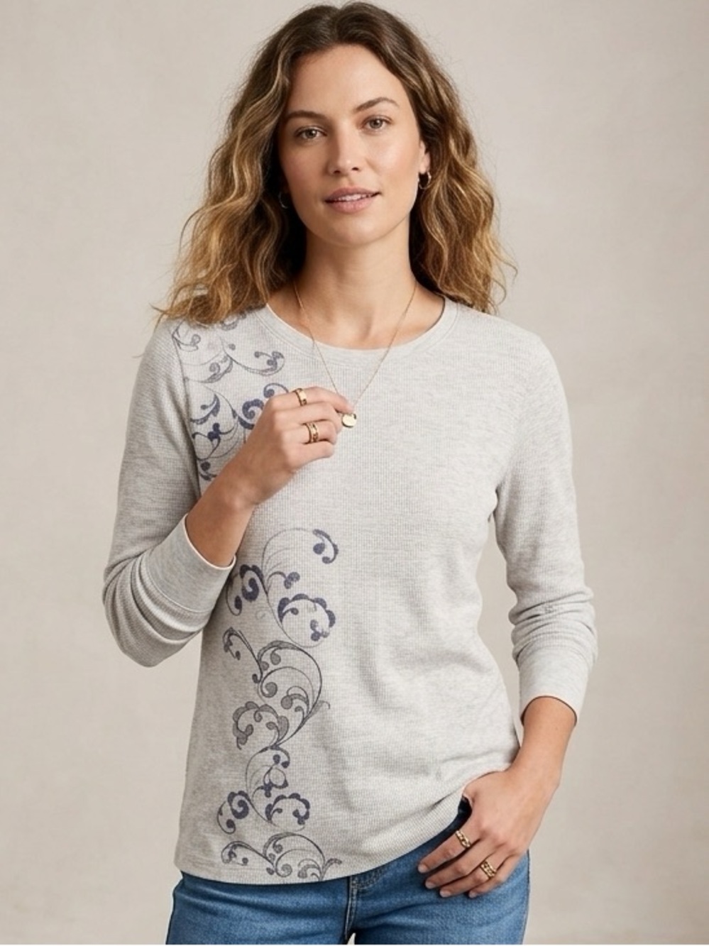 Sonoma Light Gray Long Sleeve Top with Navy Scroll Design